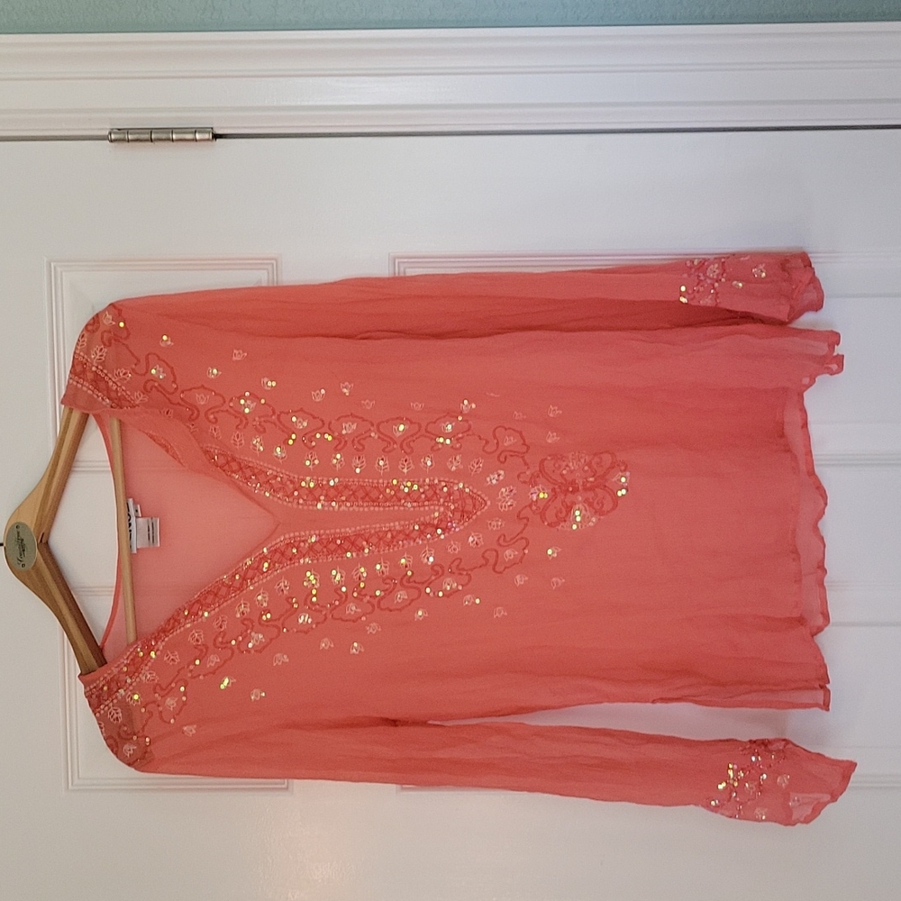 100% silk SwimCover-up top v-neck long sleeved coral, embellishments sequins